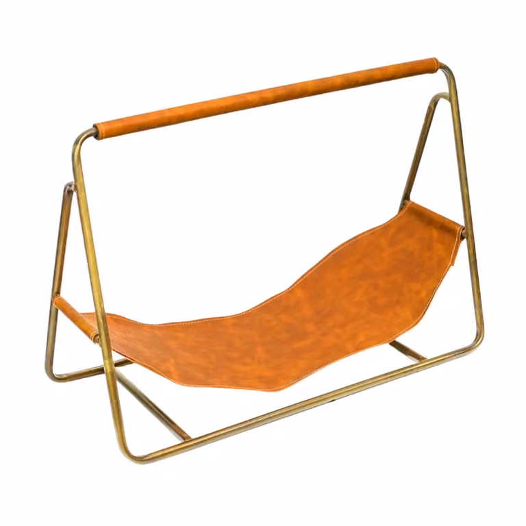 Ivyline Contemporary Hanging Leather Log Holder in Antique Brass and Brown Metal