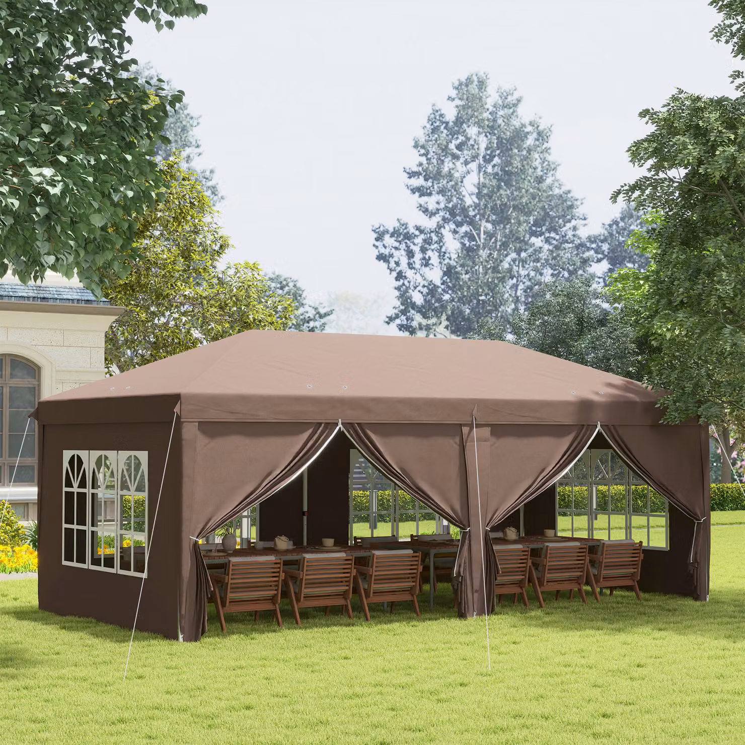 Outsunny Brown Pop Up Gazebo with Sides and Metal Frame, W: 600 cm, D: 300 cm, H: 270 cm – 2