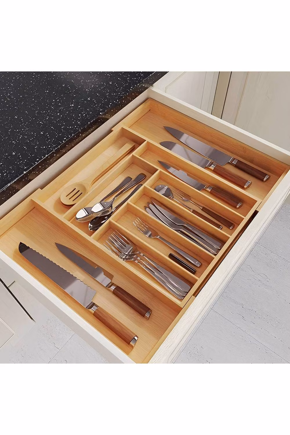 Living and Home Adjustable Bamboo Cutlery Drawer Organiser Tray in Brown and Sand – 3