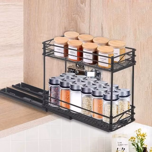 NESTLUNE 2 Tier Metal Slide Out Spice Rack Organizer in Black, W: 100 cm, D: 15 cm