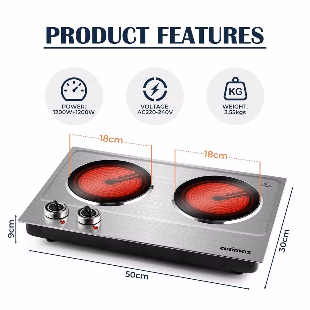 Cusimax Silver and Black 2400W Double Burner Ceramic Infrared Hot Plate, W: 53 cm – 3