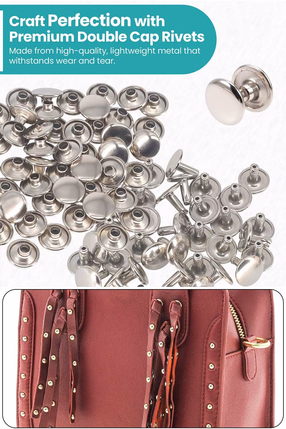 Neel Blue 15mm Double Cap Rivets, 100pcs Silver Brass Tubular Metal Studs for DIY Projects – 3