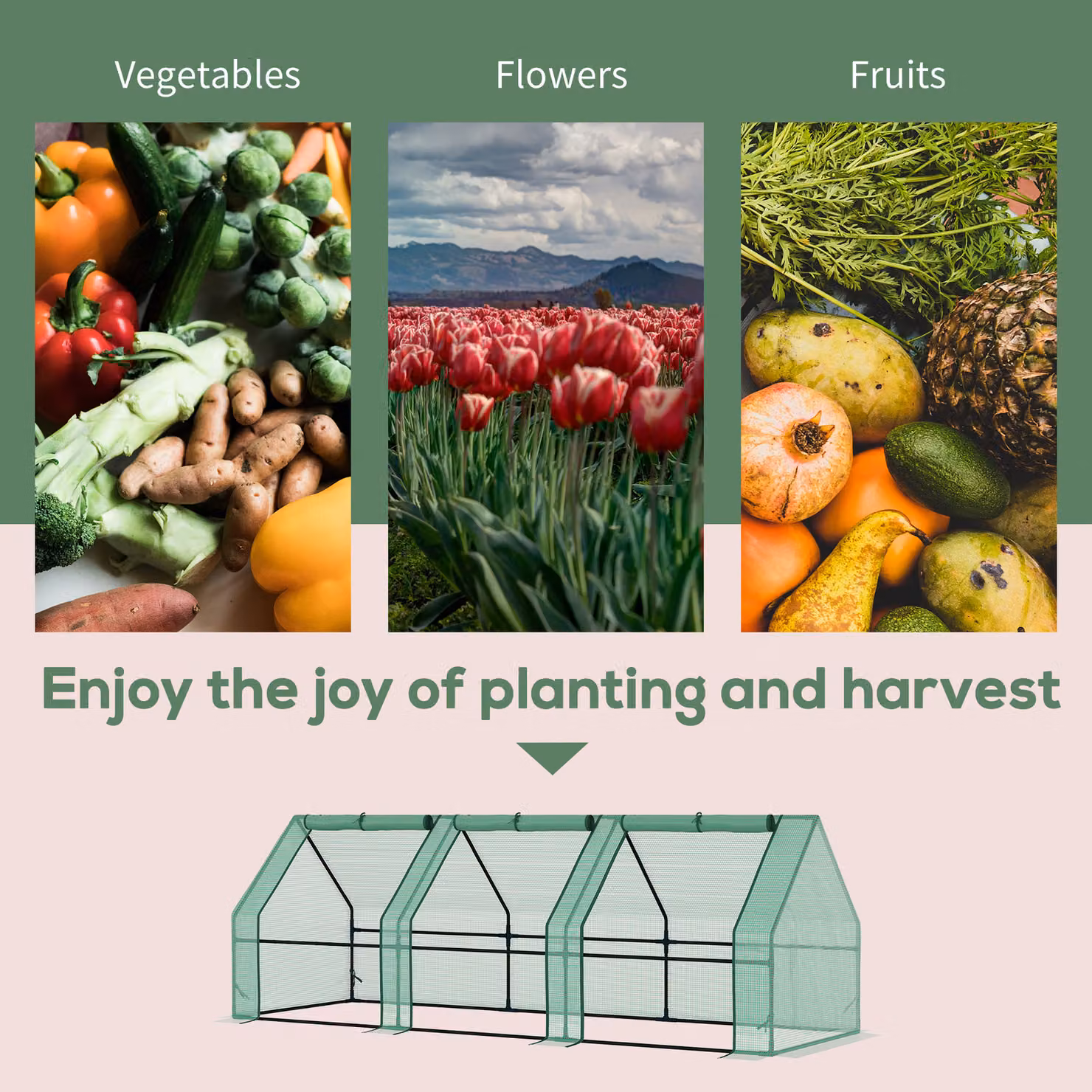 Outsunny Green Steel Frame Gable Poly Tunnel Greenhouse, W: 270 cm, D: 90 cm, H: 90 cm – 3