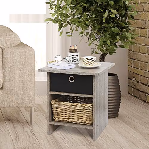 Furinno DARIO Square Side Table with Storage Bin and Open Back Shelf in French Oak – 4