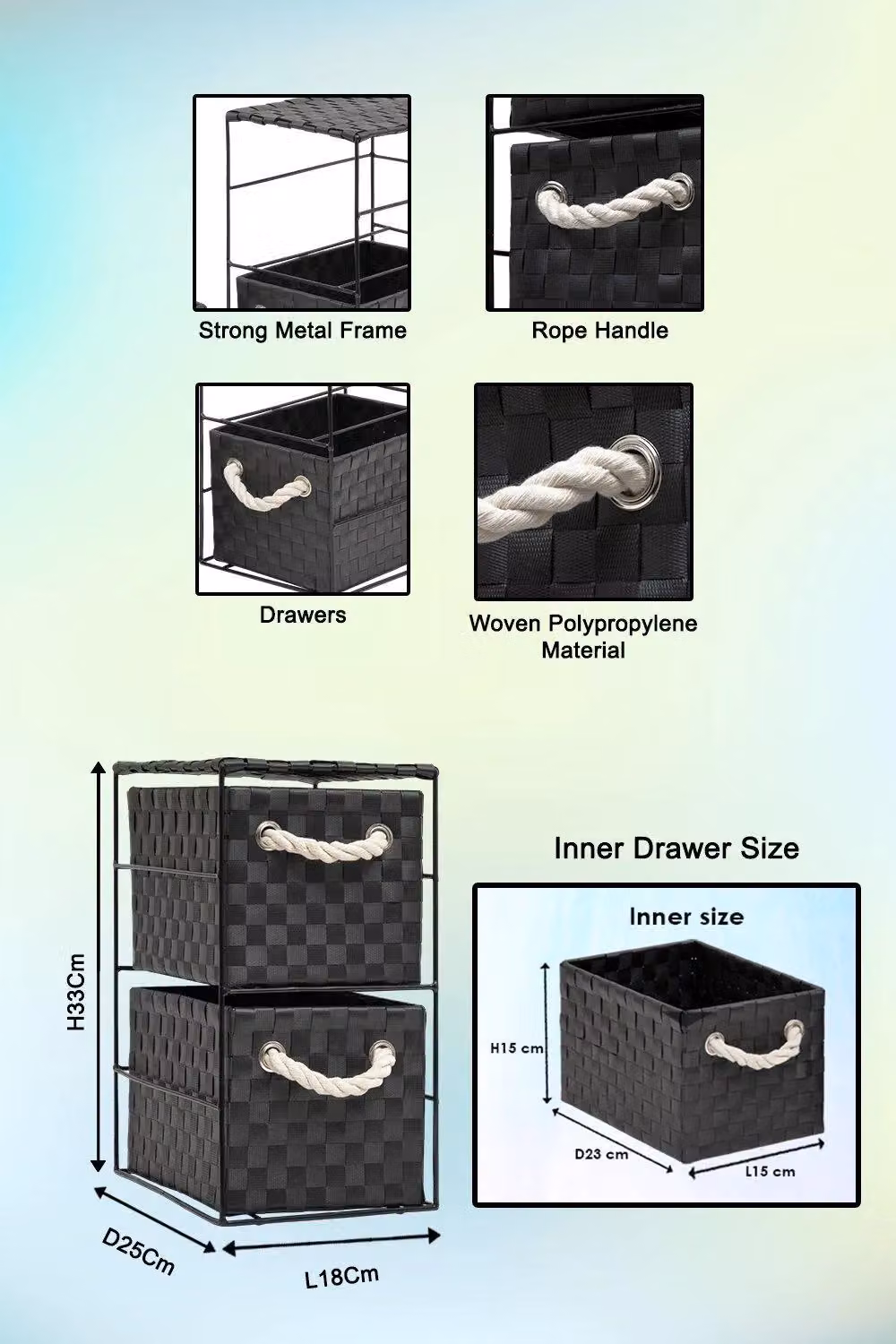 Arpan 2 Drawer Storage Cabinet Unit in Black, W/D/H: 18 x 25 x 33 cm – 2