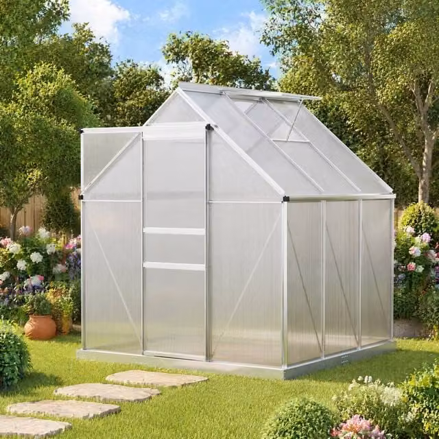 STILVORA Walk-In Greenhouse with Sliding Door and Polycarbonate Windows in Silver, W/D/H: 190 x 190 x 200 cm – 1