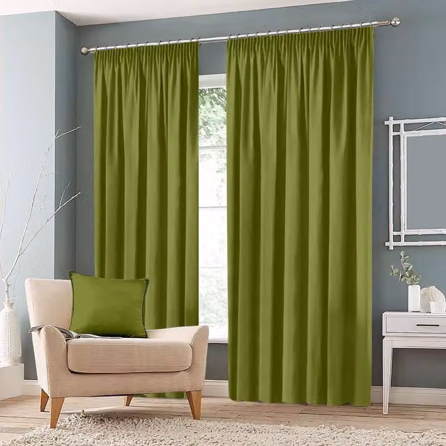 Roseley Green Plain Blackout Pencil Pleat Fabric Curtains, Width: 228.6 cm, Height: 167.64 cm