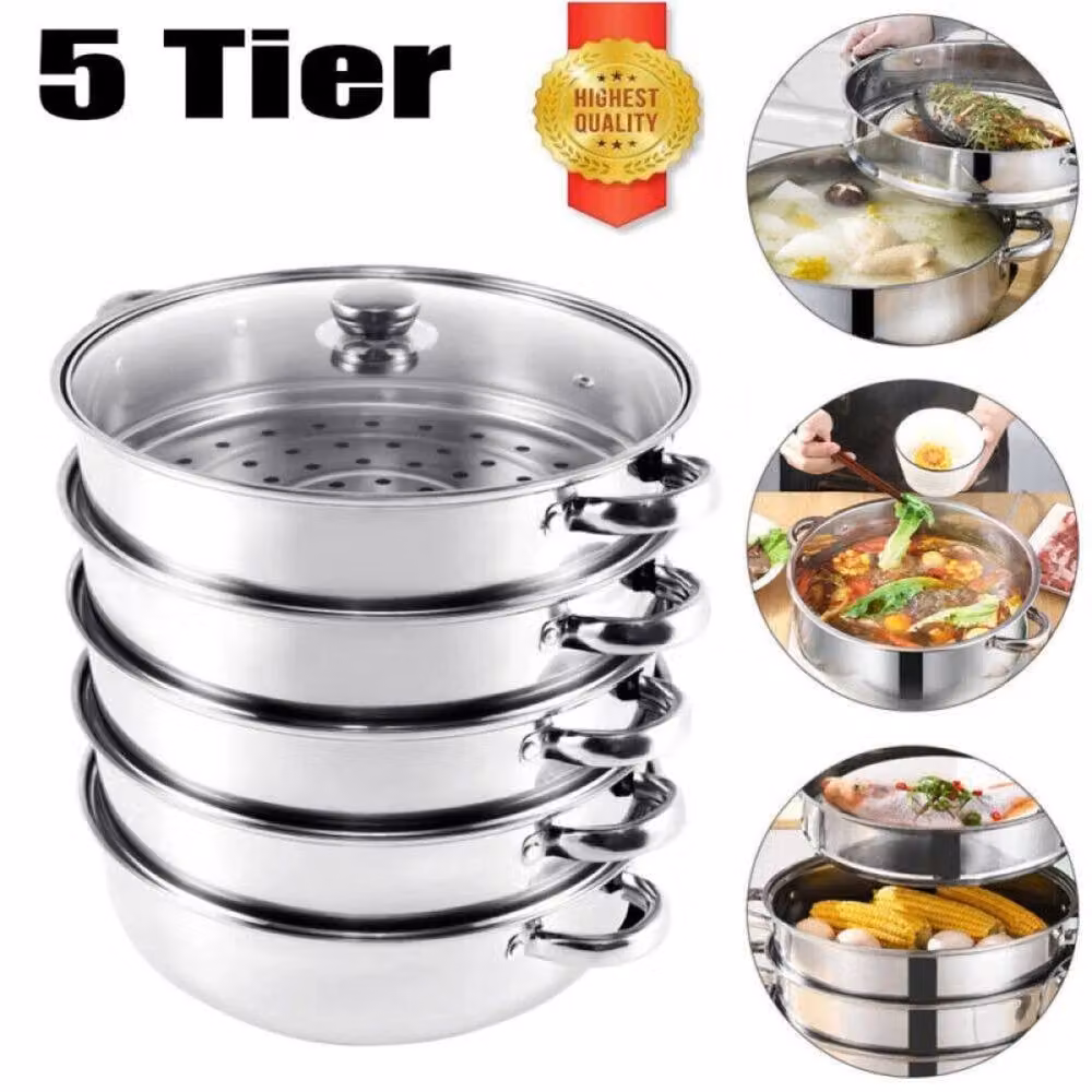 NESTLUNE 5 Tier Stainless Steel Induction Steamer Pot with Glass Lid, Silver, Diameter: 28 cm, H x W x D: 45 x 28 x 28 cm – 2