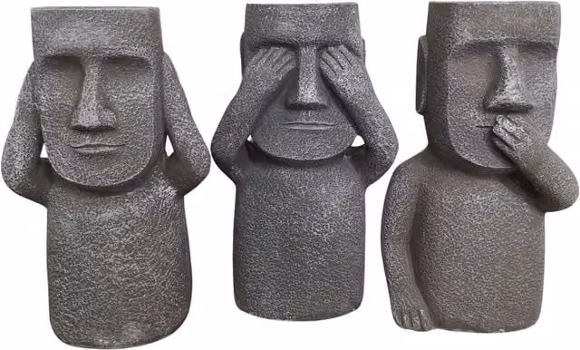 Samuel Alexander Easter Island Speak See Hear No Evil Sculpture Plant Pots in Grey