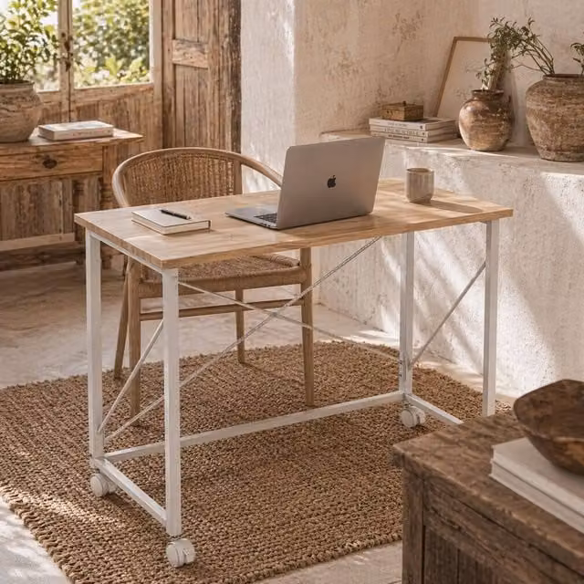 Wyld Haus Yokare Folding Writing Desk with Castors, Oak and White, W: 80 cm, D: 40 cm, H: 75 cm