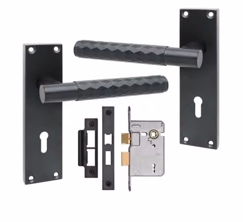 Golden Grace Victorian Knurled Lock Handle Set with Long Backplate in Matt Black – 1