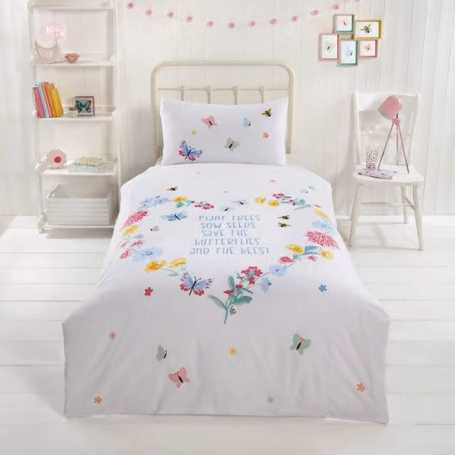 Rapport Home PH Butterflies Bees Floral Reversible Duvet Set with Pillowcase, Multicolour/White, Duvet Cover: 140 x 200 cm, Pillowcase: 50 x 75 cm