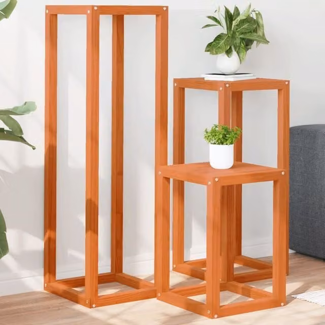 Berkfield Home Set of 3 Rustic Waxed Brown Solid Pine Wood Plant Stands – 1