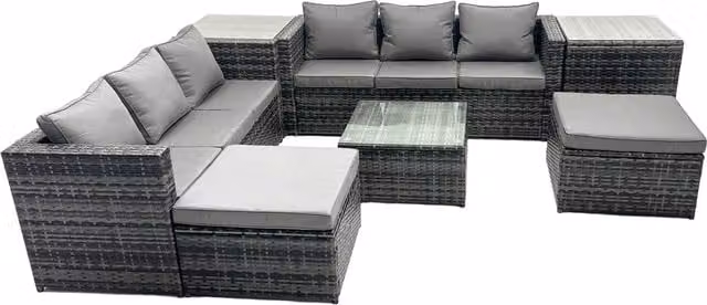 Fimous 8 Seater Patio Lounge Sofa Set with 2 Side Tables and 2 Big Footstools in Dark Grey