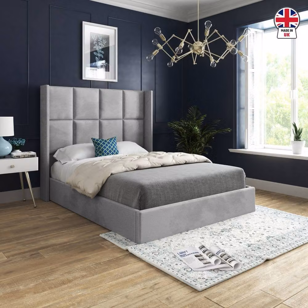 KDMD Sproatley Winged Upholstered Designer Bed Frame in Grey Soft Velvet, W/D/H: 137 x 128 x 200 cm – 3