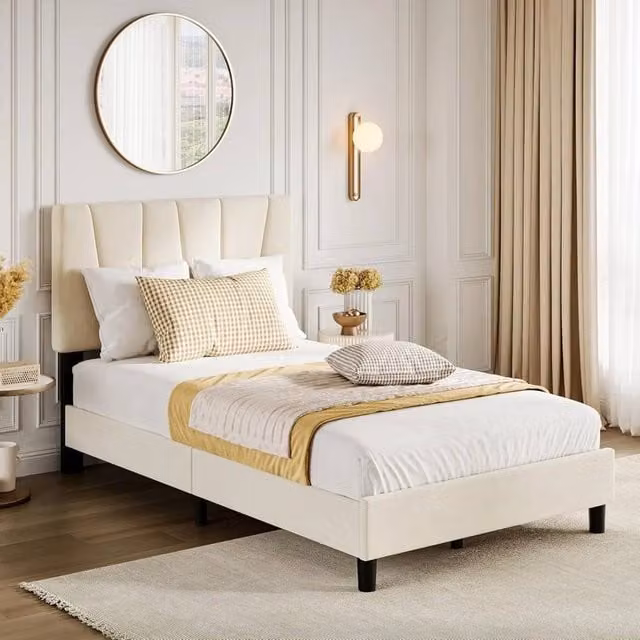 VOGREX Full Size Modern Linen Upholstered Platform Bed Frame in Beige