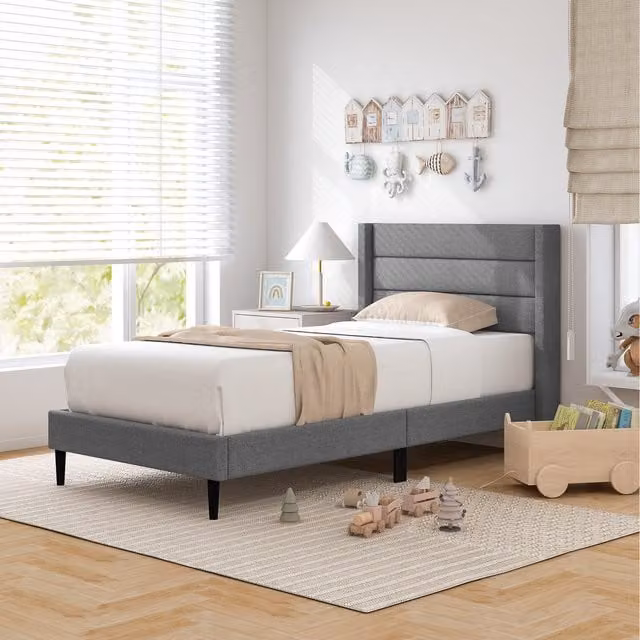 Costway Modern Upholstered Platform Bed in Grey, W/D/H: 90 x 200 cm