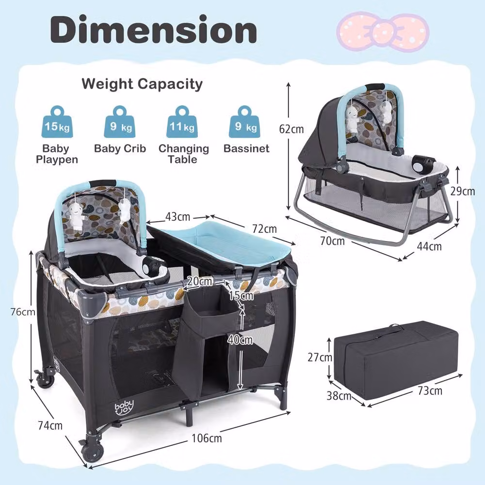 Costway Foldable Pack and Play Portable Baby Playard with Rocking Bassinet and Music Box in Blue – 7