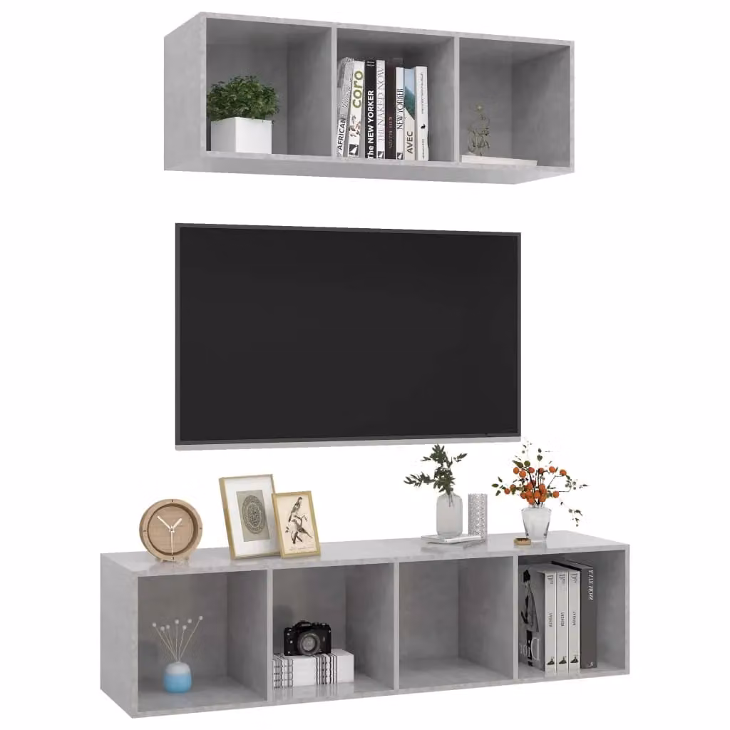 Berkfield Home Modern Wall Mounted 2 Piece TV Cabinet Set in Concrete Grey MDF – 2
