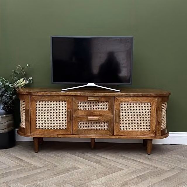 Elm Home And Garden Mid Century Mango Wood and Rattan Oval TV Media Unit in Brown