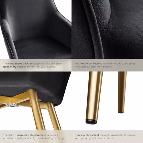 tectake Set of 4 Velvet Look Dining Chairs with Armrests and Gold Steel Legs, Black/Gold – 7