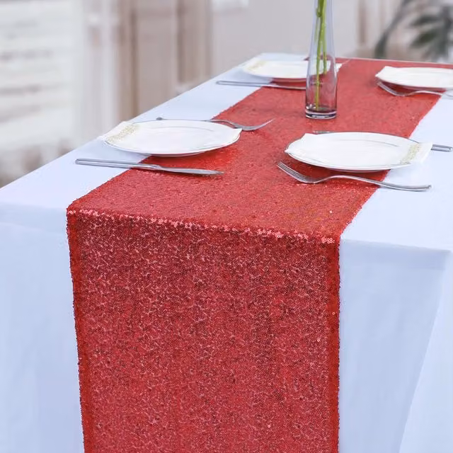 Trimming Shop Red Glitter Sequin Fabric Mesh Satin Rectangular Table Runner