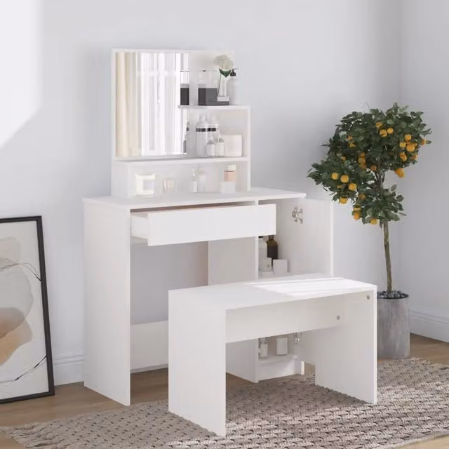 Berkfield Home Modern Dressing Table Set in White, W/D/H: 86.5 x 35 x 136 cm – 1