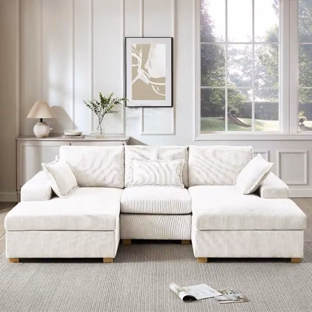 Muriel U-Shaped Sofa in Cream Cord Fabric with Scatter Cushions