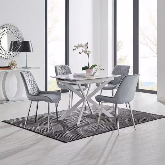 FurnitureboxUK LIRA 100 Extending Dining Table and 4 Pesaro Chairs in Grey and White with Silver Legs