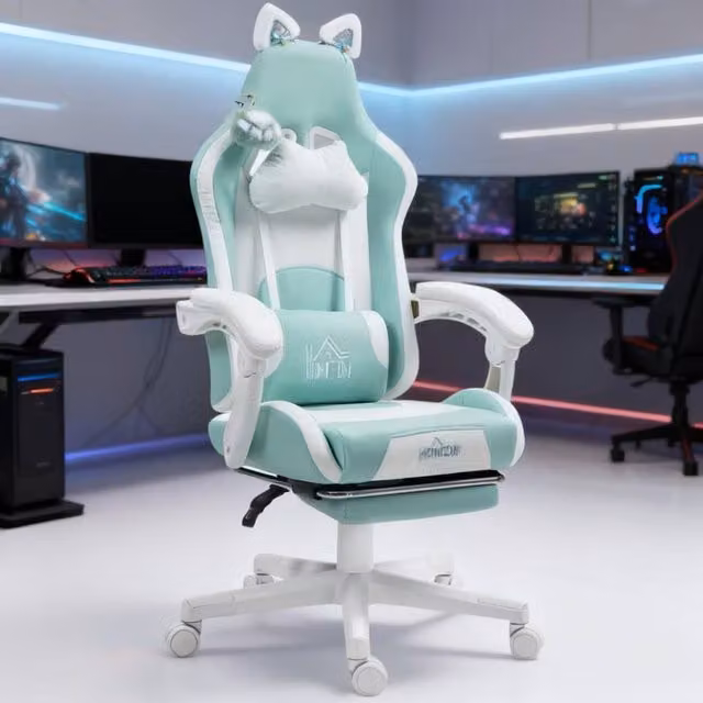 ERGOVEXA Cat Ear and Paw Reclining Gaming Office Chair in Green with Footrest and Headrest