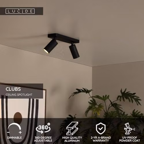 Lucide Clubs Modern Twin Ceiling Spotlight in Black with 2xGU10 LED Lamps – 2