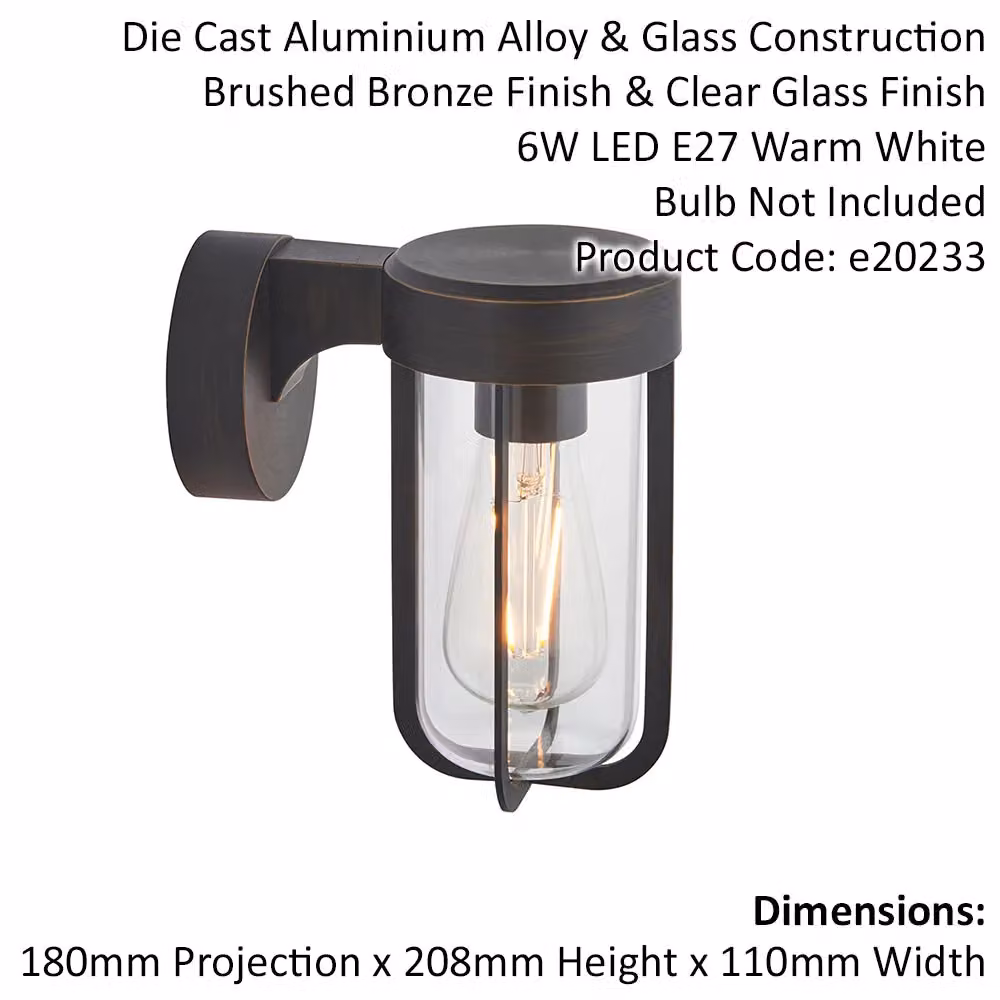 Loops Brushed Bronze Outdoor Wall Light with Transparent Glass Shade, IP44 Rated, LED Compatible – 2