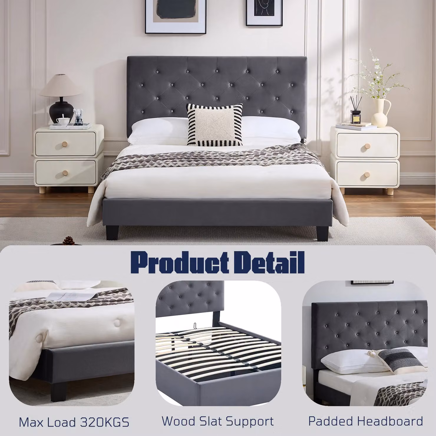 FURNITURE ONE Ottoman Storage Bed Frame in Grey with Adjustable Headboard and Lift Up Base, Size: Double (W/D/H: 140 x 200 x 118 cm) – 2