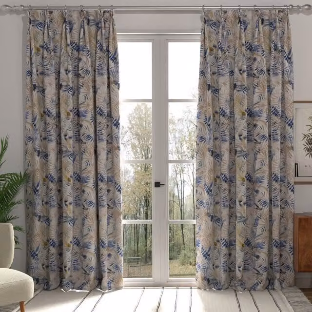 Terrys Blue Floral Blackout Fabric Panel Curtain with Multifunction Tape