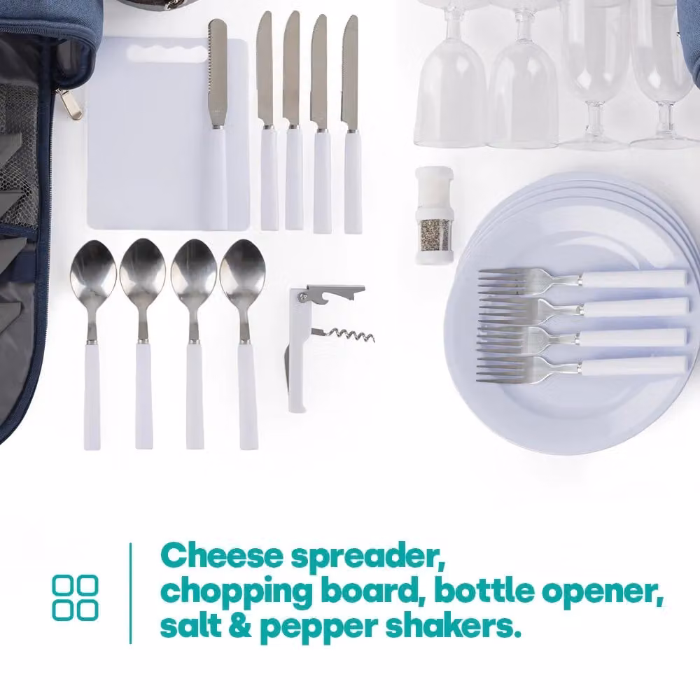 LIVIVO 4 Person Picnic Backpack Set with Blanket, Cutlery, Plates, Wine Glasses and Insulated Bottle Holder in Blue – 7