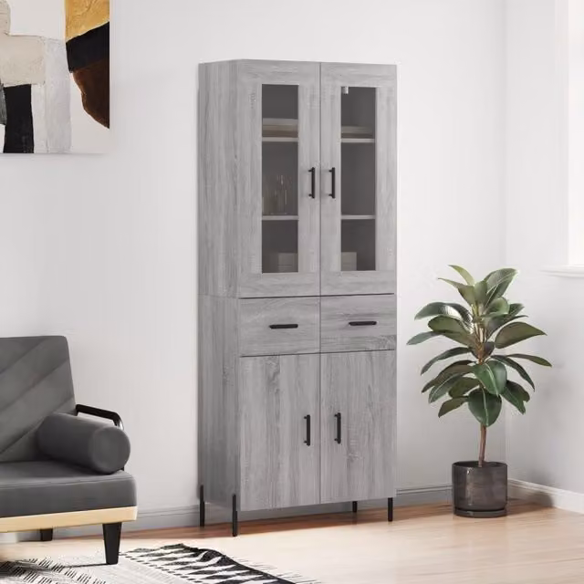 Berkfield Home Modern Grey Sonoma Highboard with Doors and Drawers, W/D/H: 69.5 x 34 x 180 cm – 1