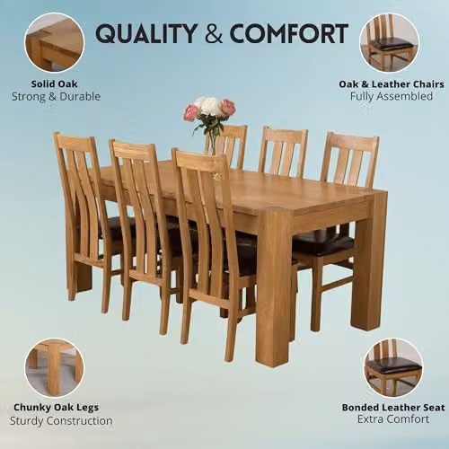 Oak Furniture King Kuba Solid Oak 6 Seater Dining Set with Princeton Upholstered Leather Chairs, Brown, W/D/H: 180 x 90 x 78 cm – 2
