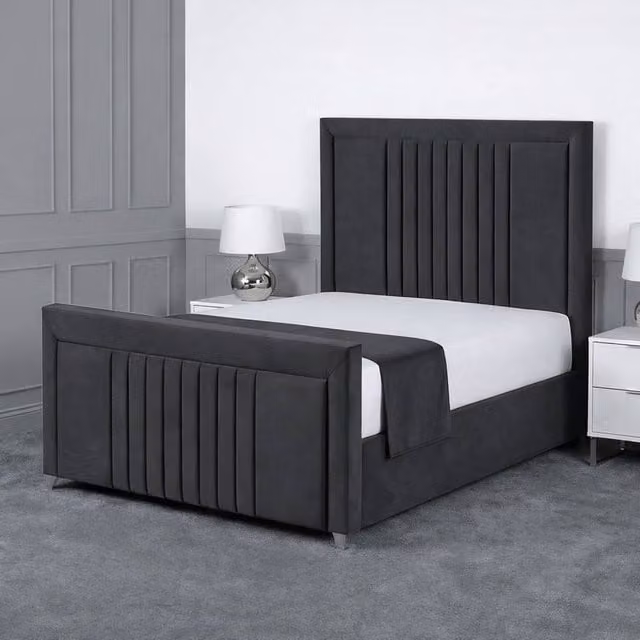 Living Comfort Bedz Celeste Plush Velvet Upholstered Bed with Slatted Base in Charcoal Grey, Size: Double (W/D/H: 140 x 200 cm)