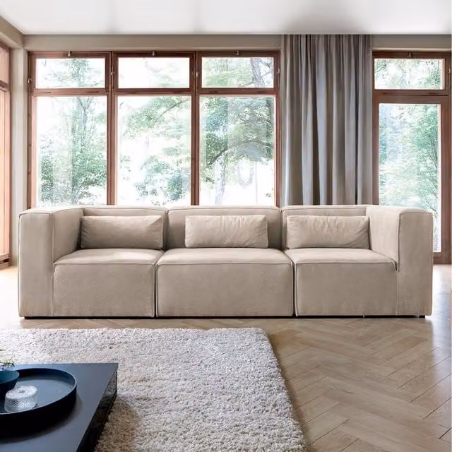 Abakus Direct Doris 4 Seater Upholstered Fabric Sofa in Beige with Solid Wood Frame and Scatter Cushions