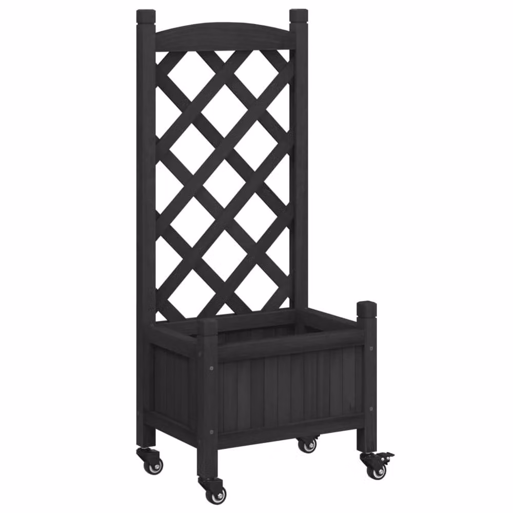 Berkfield Home Black Solid Wood Planter with Trellis and Wheels – 2