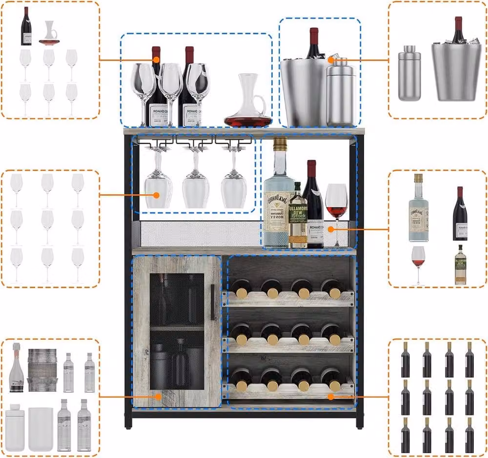 London Boutique 3-Tier Modern Wine Bar Cabinet and Sideboard with Glass Holder in Grey – 3