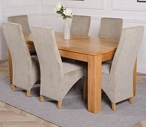 Thats Furniture Dakota Oak Dining Table and 6 Lola Grey Fabric Upholstered Chairs Set, W: 182 cm, D: 92 cm – 1
