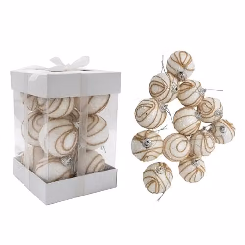 Shatchi 12Pcs White Soft Foam Glittered Christmas Bauble Hanging Ornaments, Diameter: 4 cm