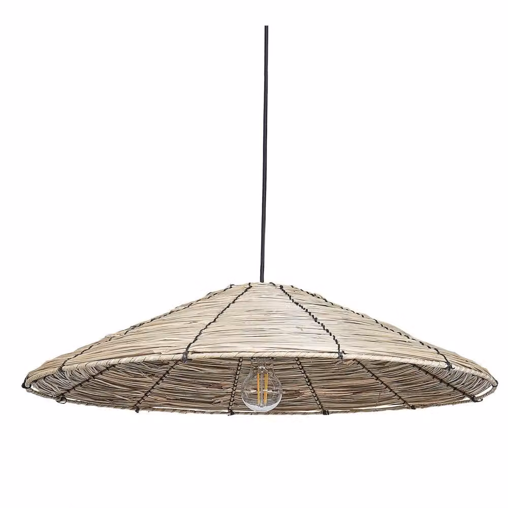 Wyld and Coco Handwoven Seagrass Pendant Lamp with Black Metal Base in Natural Beige – 2