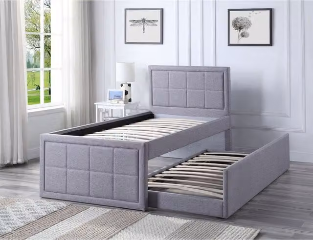 Home Treats Modern Upholstered Single Guest Bed Frame with Pull Out Trundle in Grey