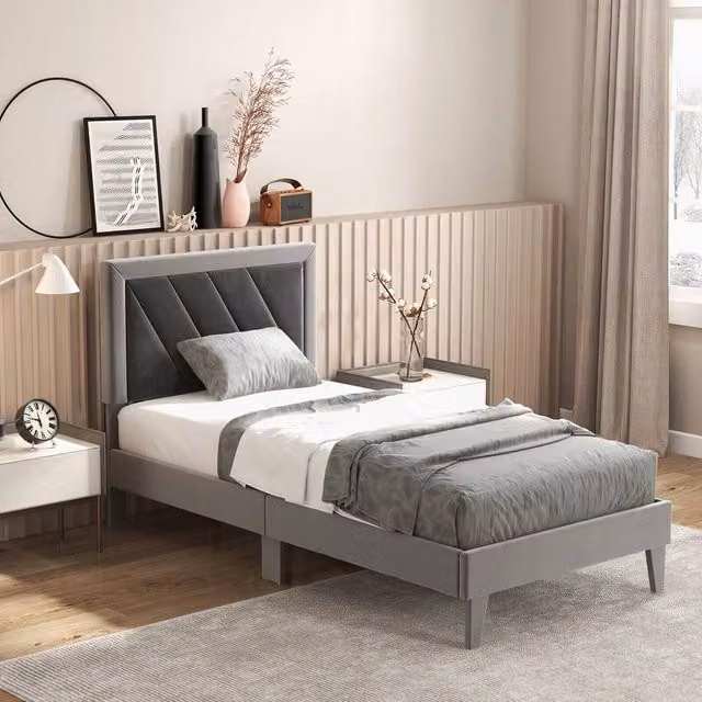 SPETLEK Single Velvet Upholstered Platform Bed Frame with High Headboard in Grey