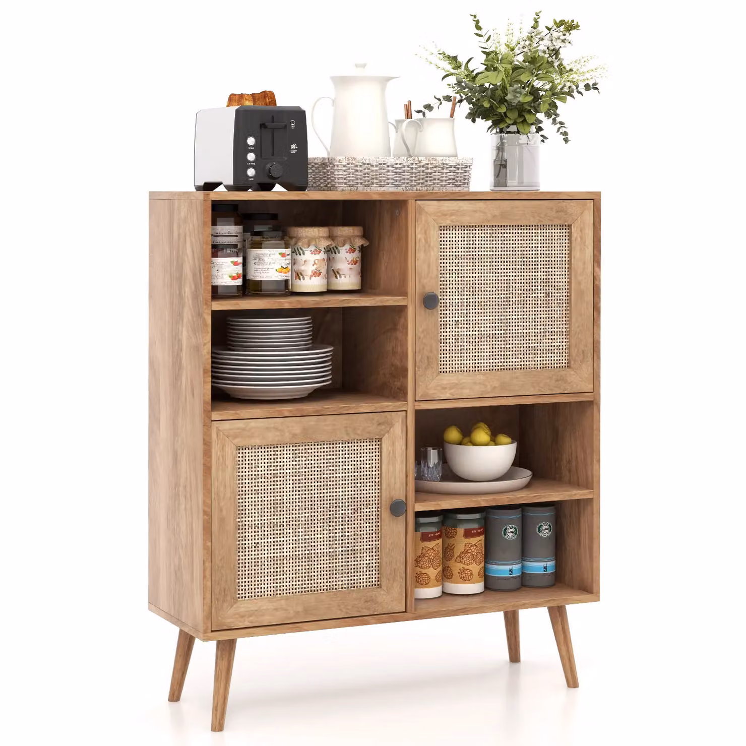 Costway Boho Rattan Sideboard and Modern Buffet Cabinet in Natural Wood Finish – 4