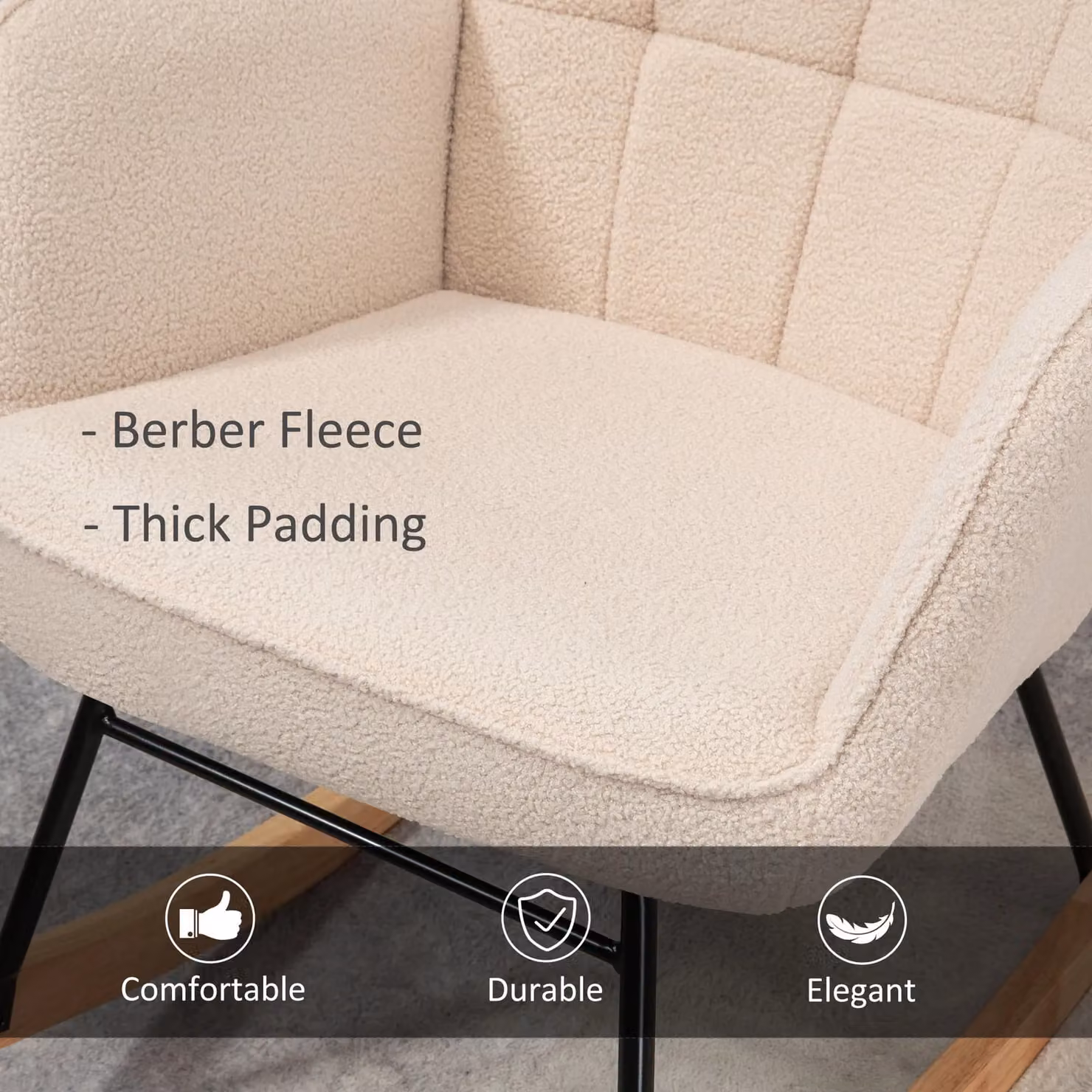HOMCOM Oversized Wingback Rocking Chair in Beige Bouclé Fabric with Mixed Metal and Wood Frame – 4