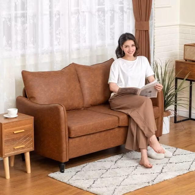 HOMCOM Modern 2 Seater Sofa in Brown Synthetic Leather with Rubberwood Legs