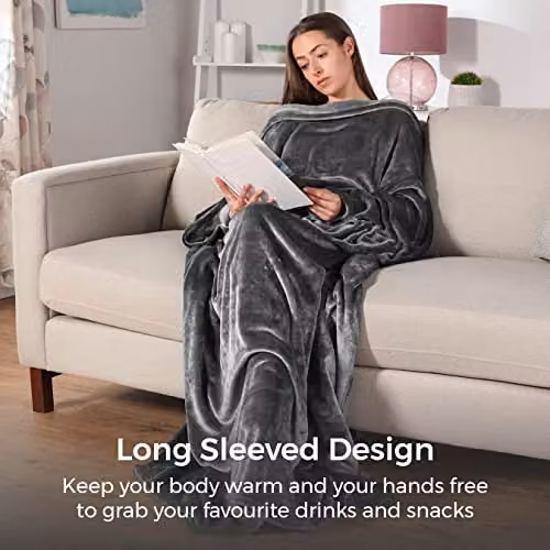 Tower C81149GRY Grey Flannel Fleece Heated Wearable Blanket with 4 Heat Settings, W: 183 cm, D: 155 cm – 4